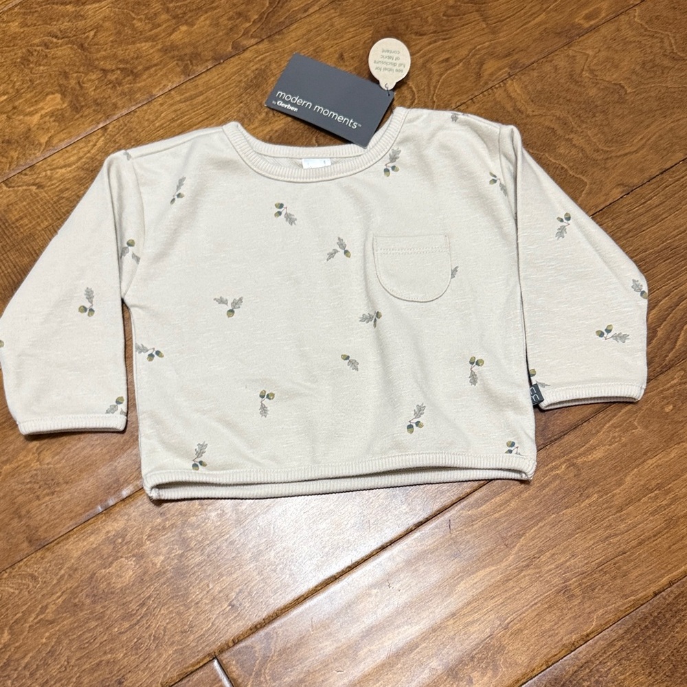 NWT Size 6-9M Modern Moment Cream Long Sleeve Tee with acorn pattern